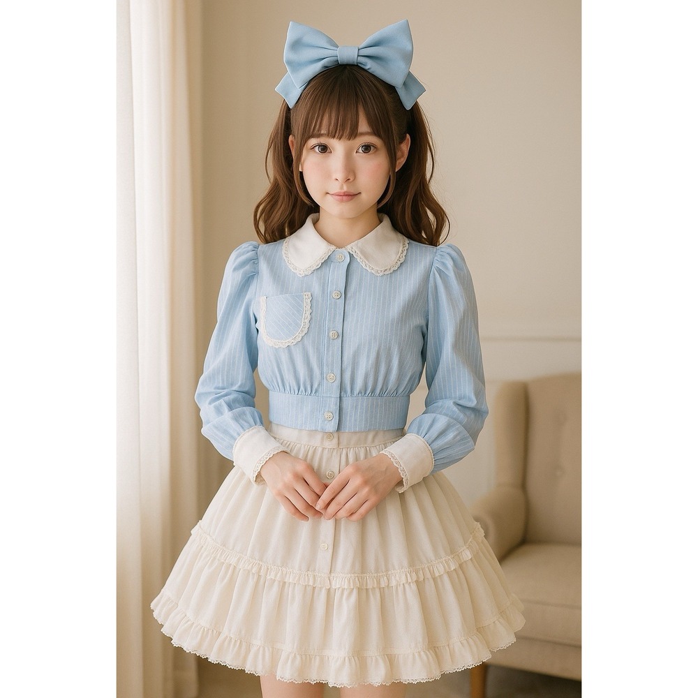 Crop Top M Blue White Striped Puff Sleeve Peter Pan Collar Kawaii Sweet Lolita